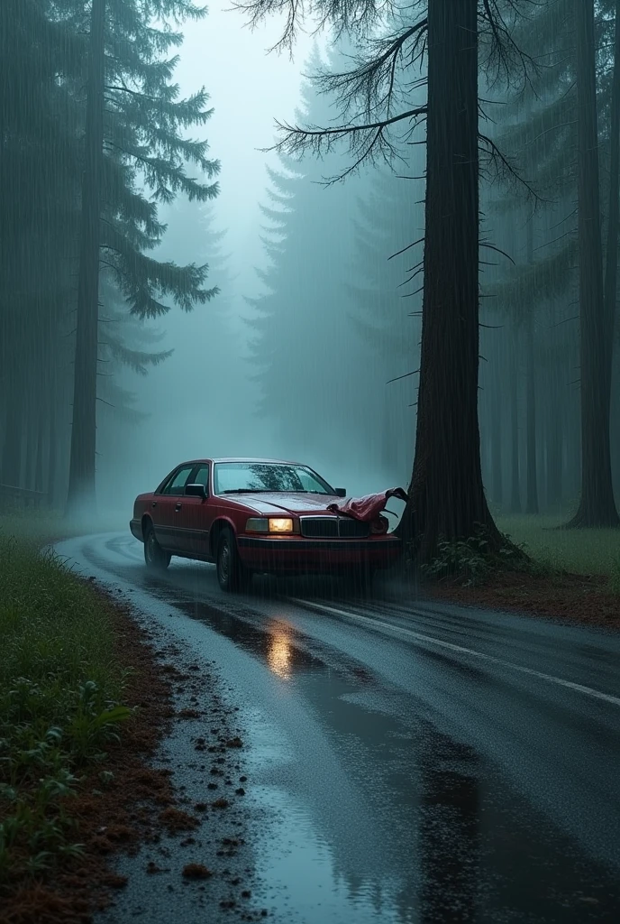 Create an accident scene of a car crashing into a tree, with ???? marks on the road, in the middle of a forest, a road with dense fog and rainy weather