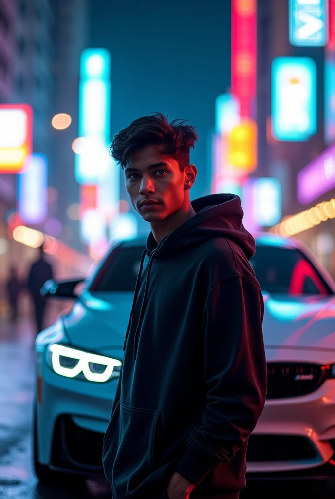 Imagine a 20 years old boy standing with a BMW M4 wearing a black hoody, thy were standing in a neon city with a neon background and there was Soumyajit in his hoody