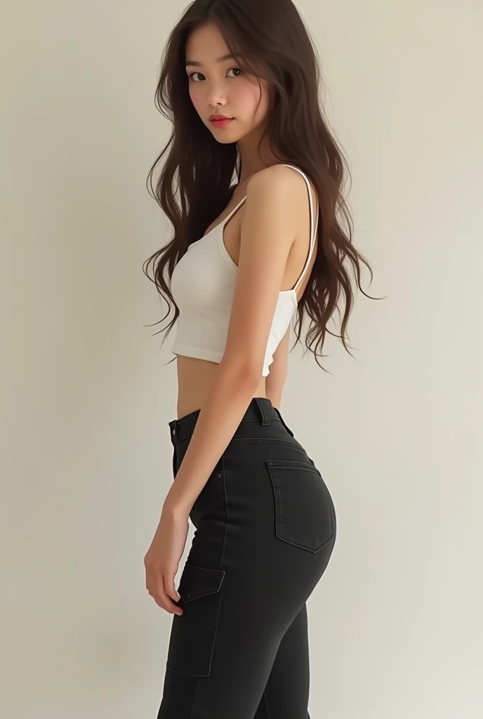 A light-skinned girl who is thin with long brown hair and a small tight ass in black cargo pants

