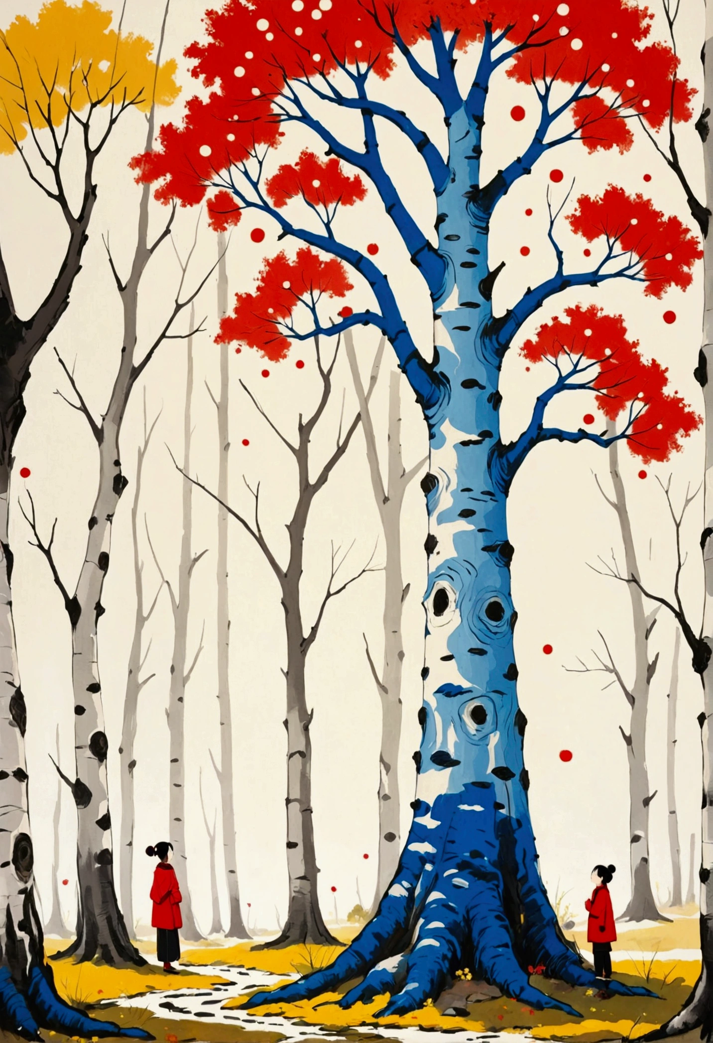 Chinese aesthetics,Printing pattern,Color ink,Polka dot art,((Dot:1.9)),Freehand,artistic conception,Wu Guanzhong's artistic style,Minimalism,Birch,Eyes on the tree trunk,Red and blue