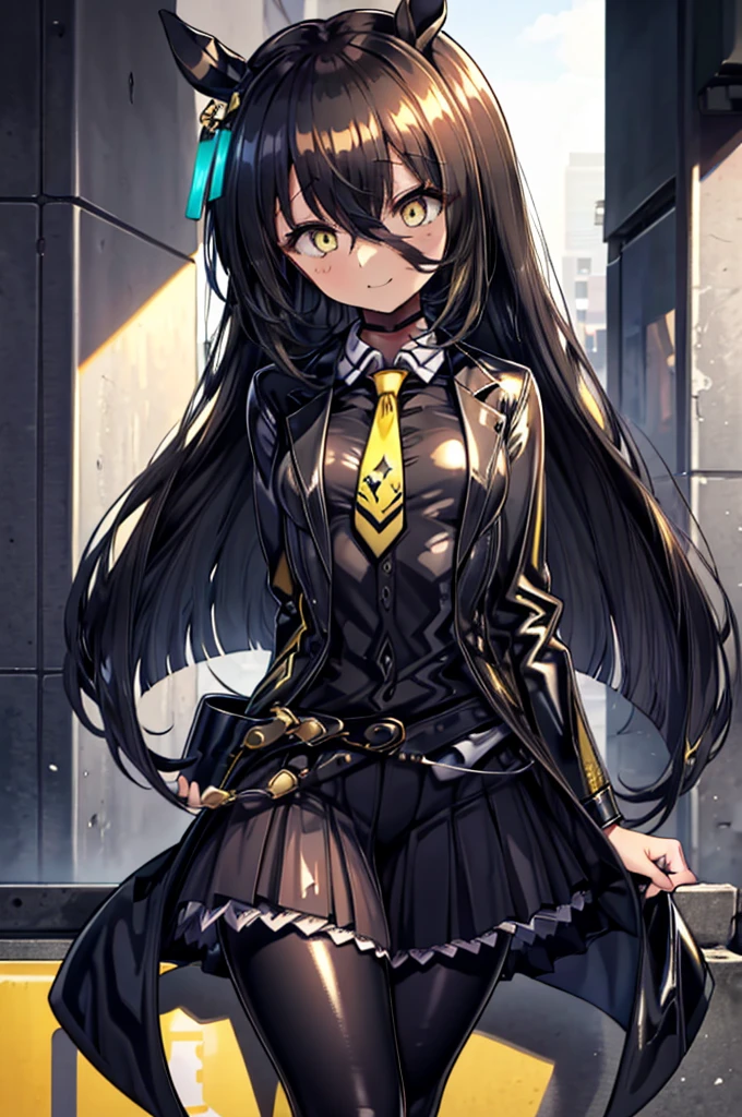 masterpiece, Highest quality:1.2), Manhattan Cafe(umamusume), One Woman, alone,Glowing Skin、Yellow Eyes、Eyes without highlights、Thick legs、Are standing、Cowboy Shot、smile、((latex))、A shiny black skirt, A shiny, black business shirt、Shiny yellow tie, Glossy black jacket,pantyhose、