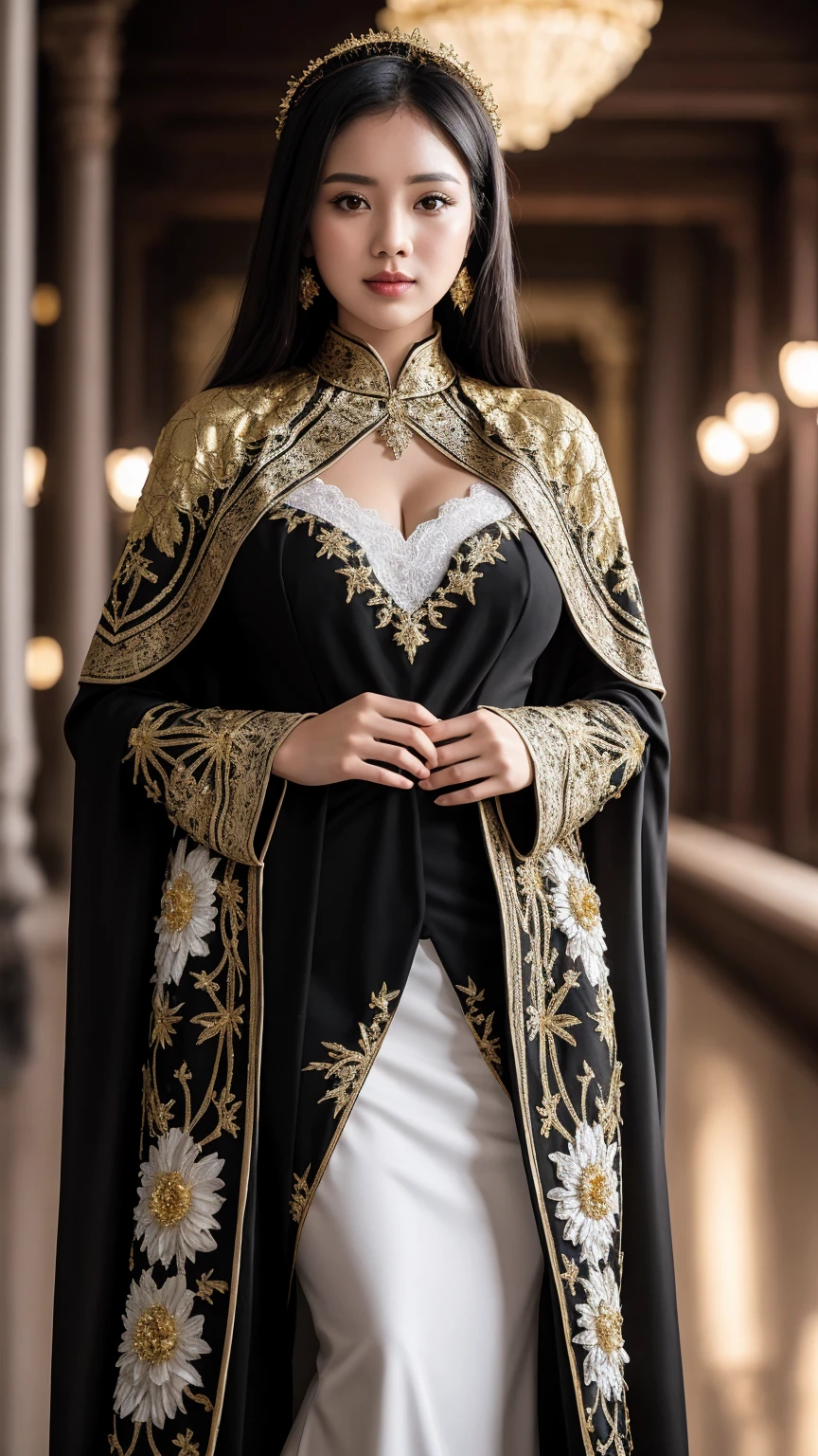 Gorgeus Girl, Full Body, a wide-angle view of an object relative to its surroundings, Facing Forward, Beautiful, Face Age 20 Year, Natural Skin, Large Colossal Breasts, Both Arms Open to The Side, ((Black - Gold - White Kebaya)), Black Indonesian Kebaya, Brown Retina, Muscles, Bokeh, Indonesian Culture Background, Masterpiece, Straight Black Hair, Perfect Lighting, ((Black - Gold - White Coloured)), Lace Cloak, 8K, UHD, HDR