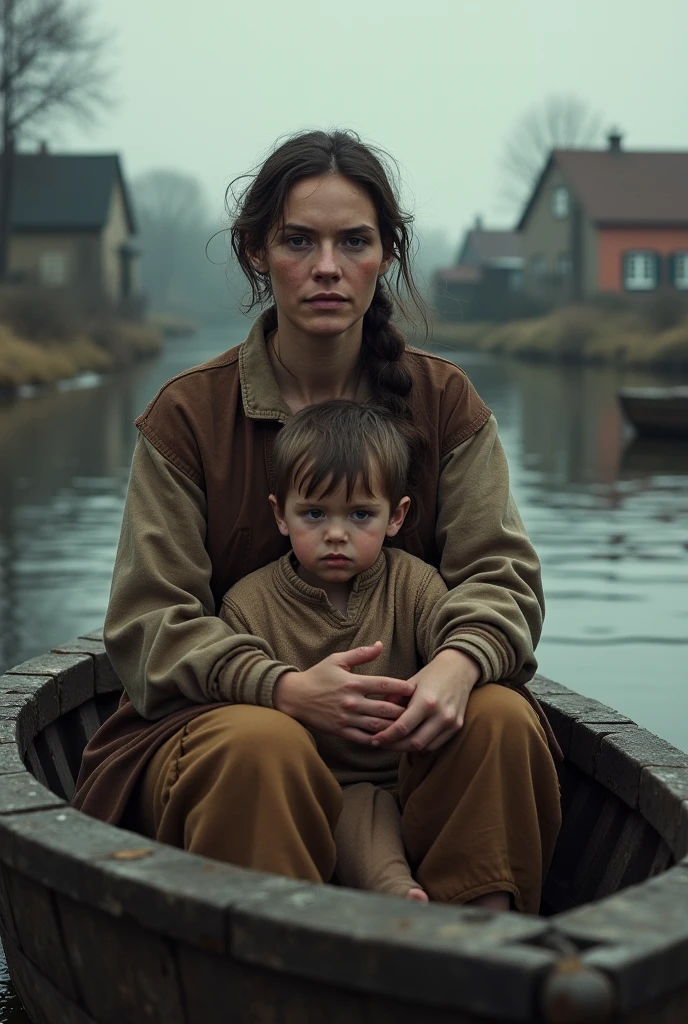 (Meilleure qualité, haute résolution : Femme du village est ise , les jambes croisées dans un bateau en bois avec son fils, éclairage sombre et maussade (mise au point lointaine : 1,6), plan d'ensemble,