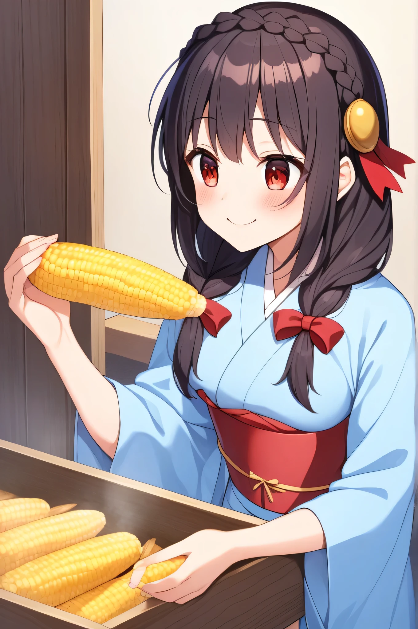alone, One Girl、smile、A crown braid the color of her hair, hair ornaments, Hair Ribbon,(Pale blue kimono with red floral pattern and red obi.)、Red eyes、Black Hair、(blush:1.4)、My breasts are a little large、He is eating fragrant grilled corn with great gusto.、stall