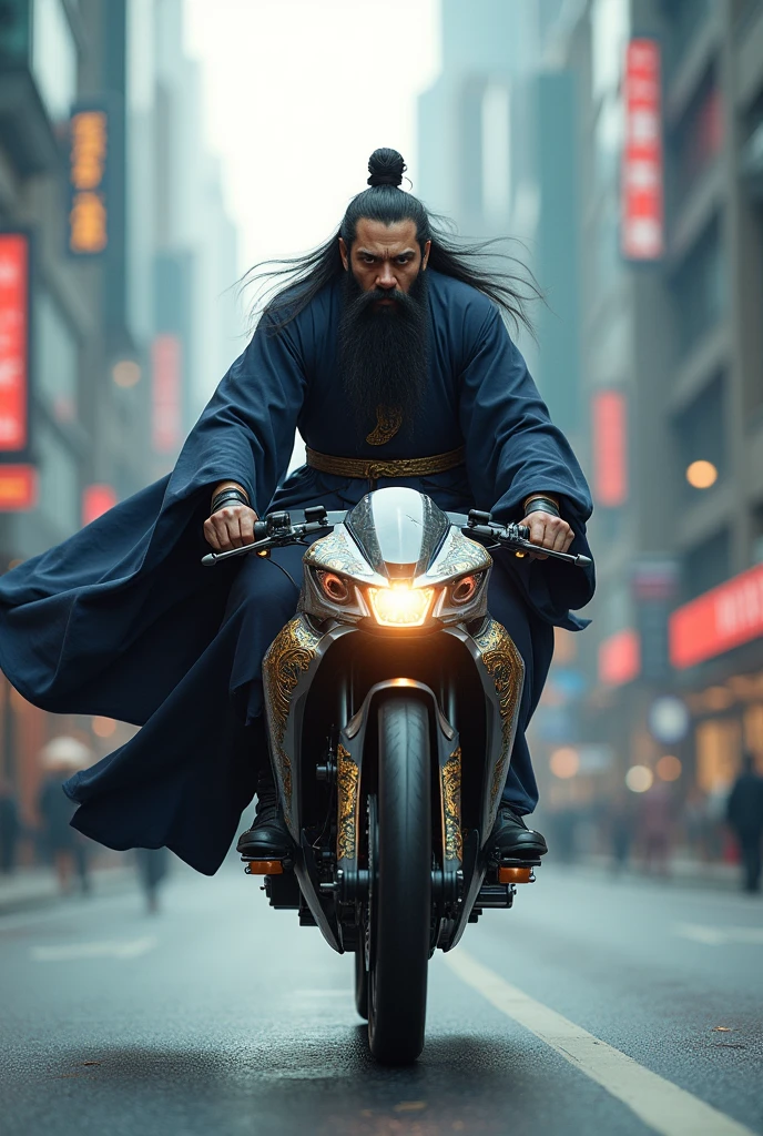 Dark-bearded Dragon Ball master riding a bike