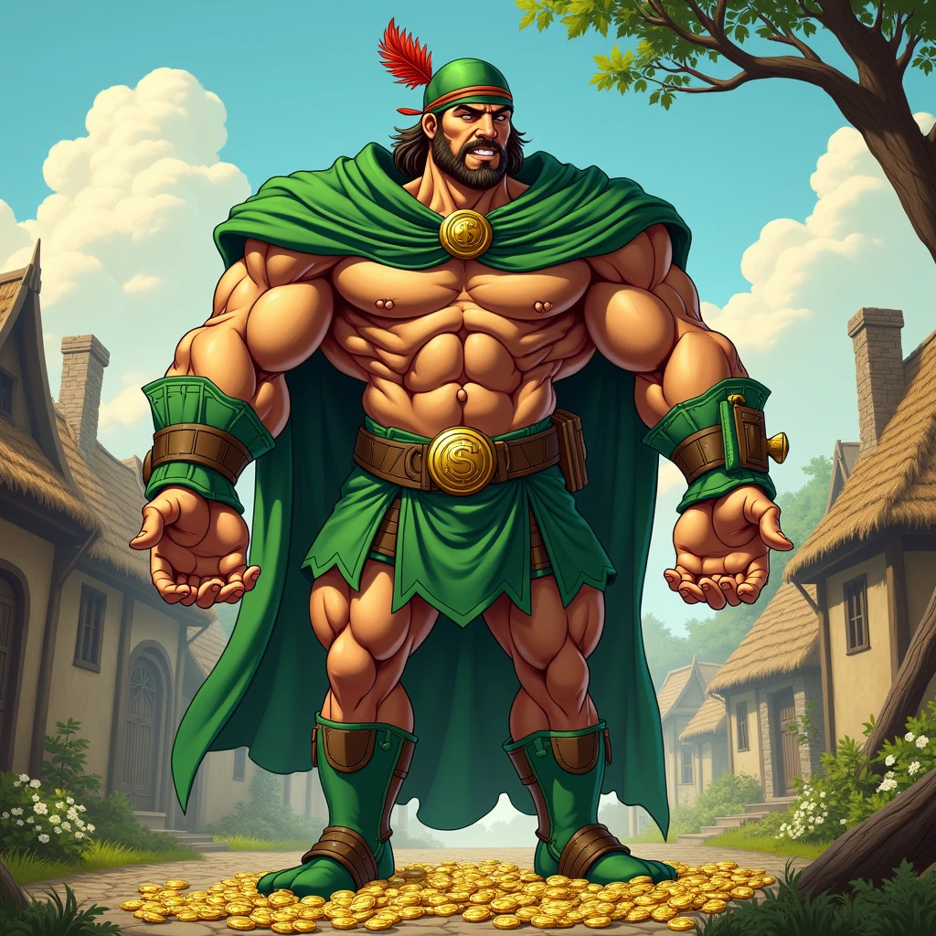 a very strong bodybuilder man, robin hood dress, with the green clothes and green hat characteristic of Robin Hood, muscular, tan muscular que se ven las venas de su cuello, He has his two hands together extended forward full of gold coins and dollars facing forward, like giving them or giving them away. in the background a village with poor medieval houses. The pose is an exaggerated comic or superhero type pose..