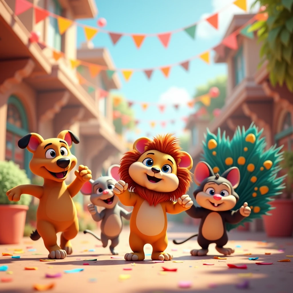 in cinematic 3d cartoon style"The atmosphere is festive, with the all animals ( dog , cat , lion, maous, peacock, monkey,) dancing and celebrating in harmony, and the whole scene exudes a sense of joy and celebration.cate wedding