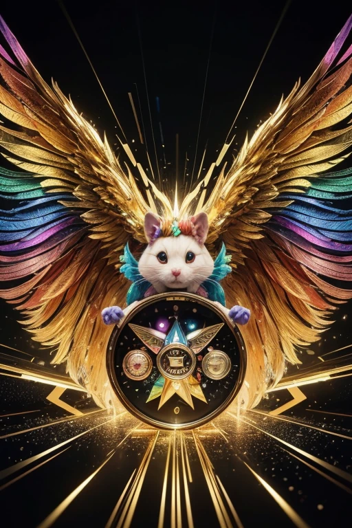 art for youtube channel, with 3d gatoro catching a crypto currency that is flying with wings, colorful and colorful clothes, colorful metallic mirrored background with golden edges, with crypto coins ltc and btc and ton, hamster kokbat,