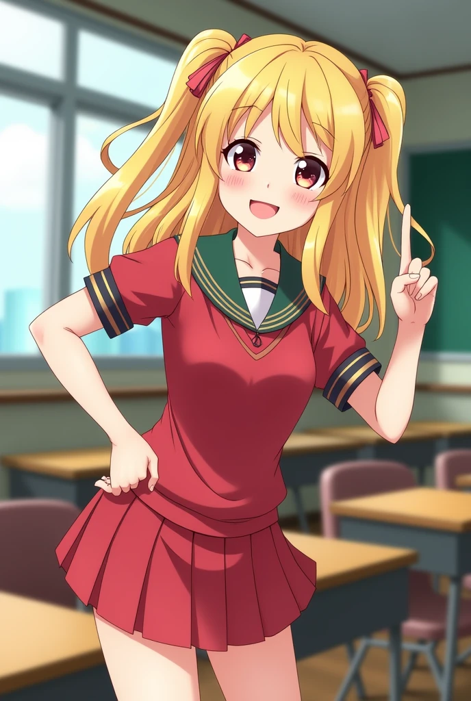 School,classroom,A Japanese girl,Mid-chest,Yellow double drill long roll,  Red student uniform,Short skirt,Bright Eyes,Lively expression,One finger is worth you,One hand on waist