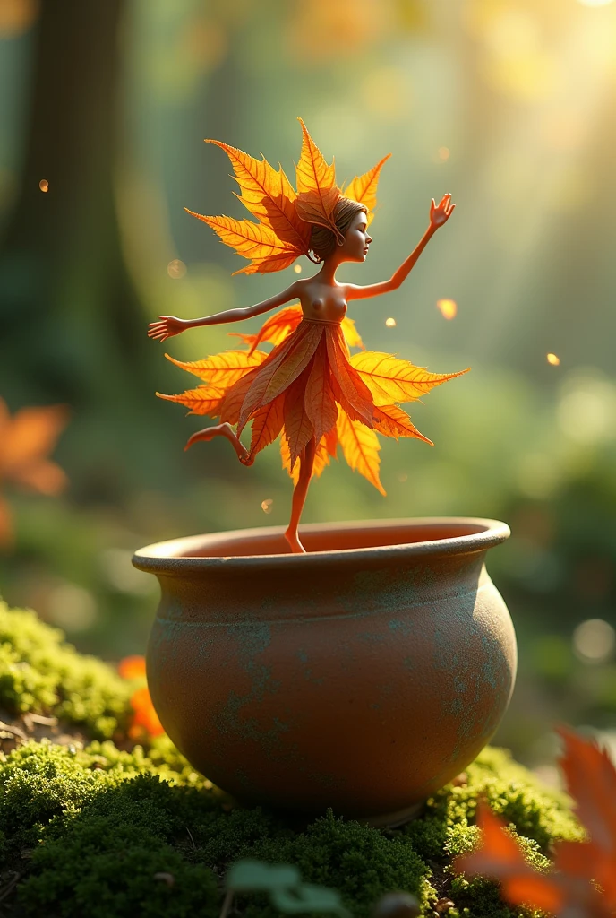 A whimsical miniature figure composed of delicately arranged autumn leaves, poised in a carefree dance on the rim of a weathered, moss-covered terracotta pot, set against a lush, vibrant forest backdrop, where dappled sunlight filters through the canopy above, casting intricate shadows. The overall aesthetic is ethereal, with warm, earthy tones of sienna, umber, and olive green, infused with hints of emerald and golden light, evoking a sense of wonder and enchantment, as if plucked from a fantastical realm.