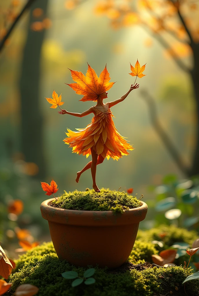 A whimsical miniature figure composed of delicately arranged autumn leaves, poised in a carefree dance on the rim of a weathered, moss-covered terracotta pot, set against a lush, vibrant forest backdrop, where dappled sunlight filters through the canopy above, casting intricate shadows. The overall aesthetic is ethereal, with warm, earthy tones of sienna, umber, and olive green, infused with hints of emerald and golden light, evoking a sense of wonder and enchantment, as if plucked from a fantastical realm.