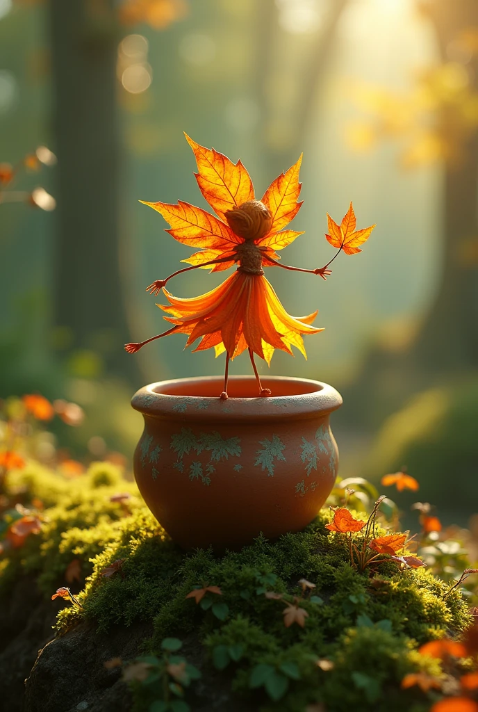 A whimsical miniature figure composed of delicately arranged autumn leaves, poised in a carefree dance on the rim of a weathered, moss-covered terracotta pot, set against a lush, vibrant forest backdrop, where dappled sunlight filters through the canopy above, casting intricate shadows. The overall aesthetic is ethereal, with warm, earthy tones of sienna, umber, and olive green, infused with hints of emerald and golden light, evoking a sense of wonder and enchantment, as if plucked from a fantastical realm.