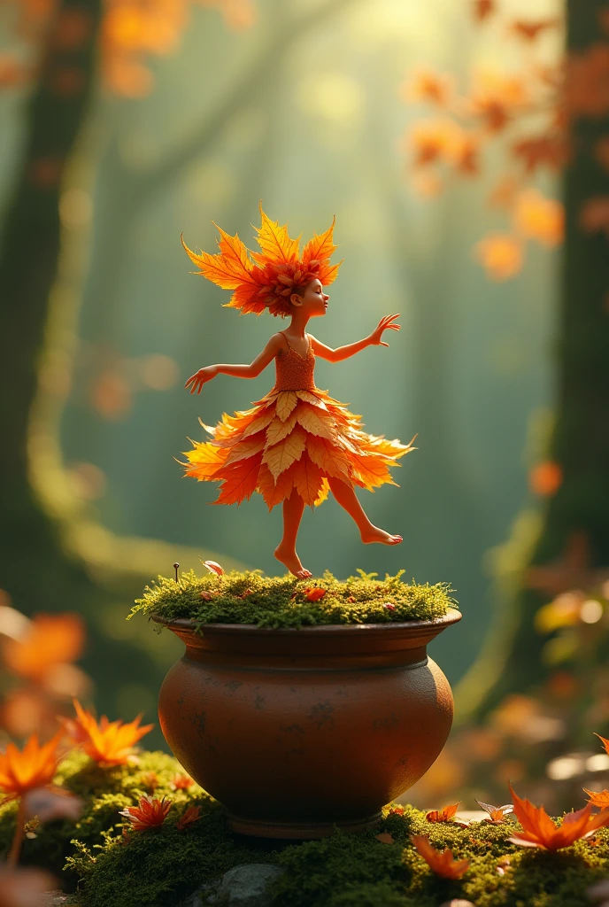 A whimsical miniature figure composed of delicately arranged autumn leaves, poised in a carefree dance on the rim of a weathered, moss-covered terracotta pot, set against a lush, vibrant forest backdrop, where dappled sunlight filters through the canopy above, casting intricate shadows. The overall aesthetic is ethereal, with warm, earthy tones of sienna, umber, and olive green, infused with hints of emerald and golden light, evoking a sense of wonder and enchantment, as if plucked from a fantastical realm.