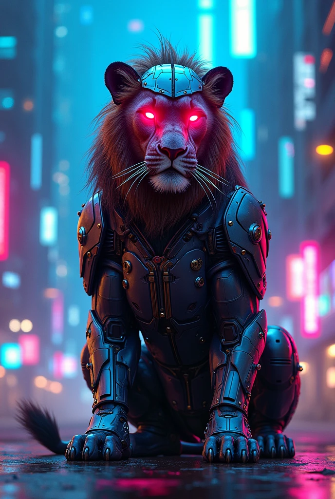 Lion in white glossy cyborg helmet and costume  with red glowing eyes, sitting in cyberpunk  neon city blue and pink  lights 