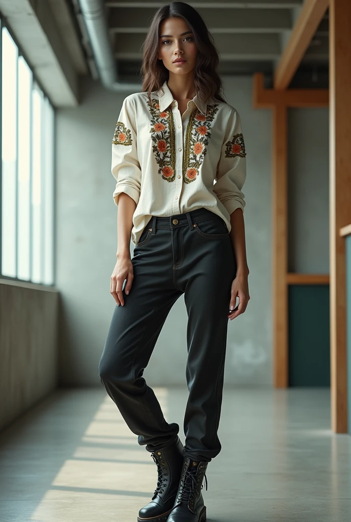 Generate an image that a woman is wearing barong Tagalog and fitted slacks and combat shoes