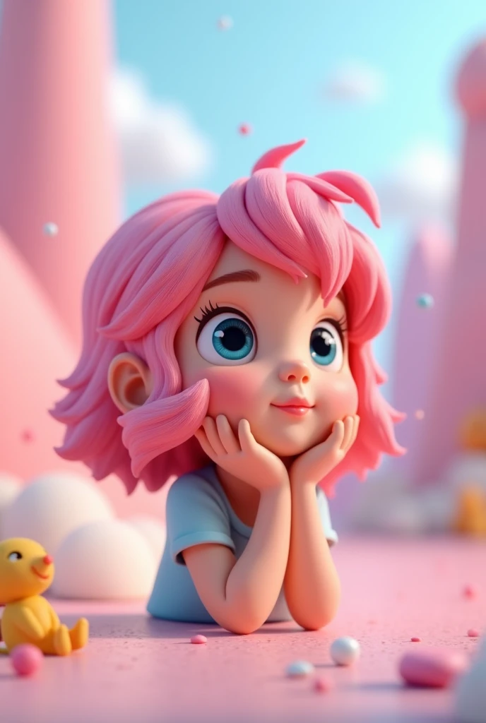 The same pink haired girl cartoon shows a 3D chin-resting pose.