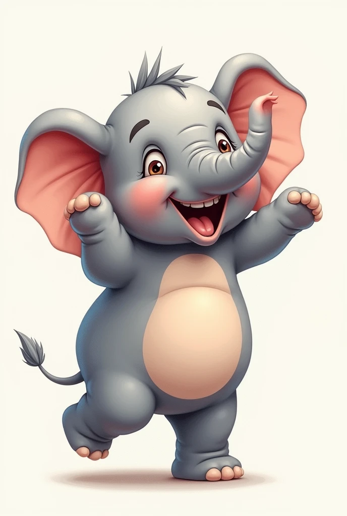 An illustration、elephant、I'm a little fat、Droopy eyes、Looks happy、Laughing、Raise both arms up、Jumping