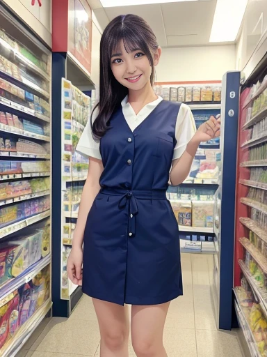 Japanese female, (underweight), (medium bust best quality:1.0), 30 years old, (cheerful grin:1.3),
convenience store, clerk, standing, semi long, (convenience store uniform), full body shot, ground-level shot