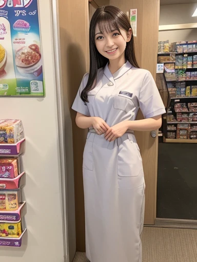 Japanese female, (underweight), (medium bust best quality:1.0), 30 years old, (cheerful grin:1.3),
convenience store, clerk, standing, semi long, (convenience store uniform), full body shot, ground-level shot