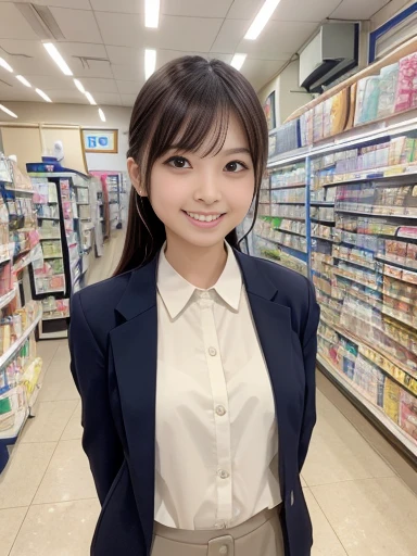 Japanese female, (underweight), (medium bust best quality:1.0), 30 years old, (cheerful grin:1.3),
convenience store, clerk, standing, semi long, (convenience store uniform), full body shot, ground-level shot