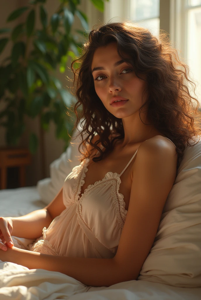 (photorealism:1.2), beautiful woman, lying on a bed, in underwear, pyjama trousers, long curly hair, interior, soft lighting, plants in background, window with sunlight, comfortable room, relaxed pose, realistic, intricate details, warm colours, by Greg Rutkowski, by Alphonse Mucha 