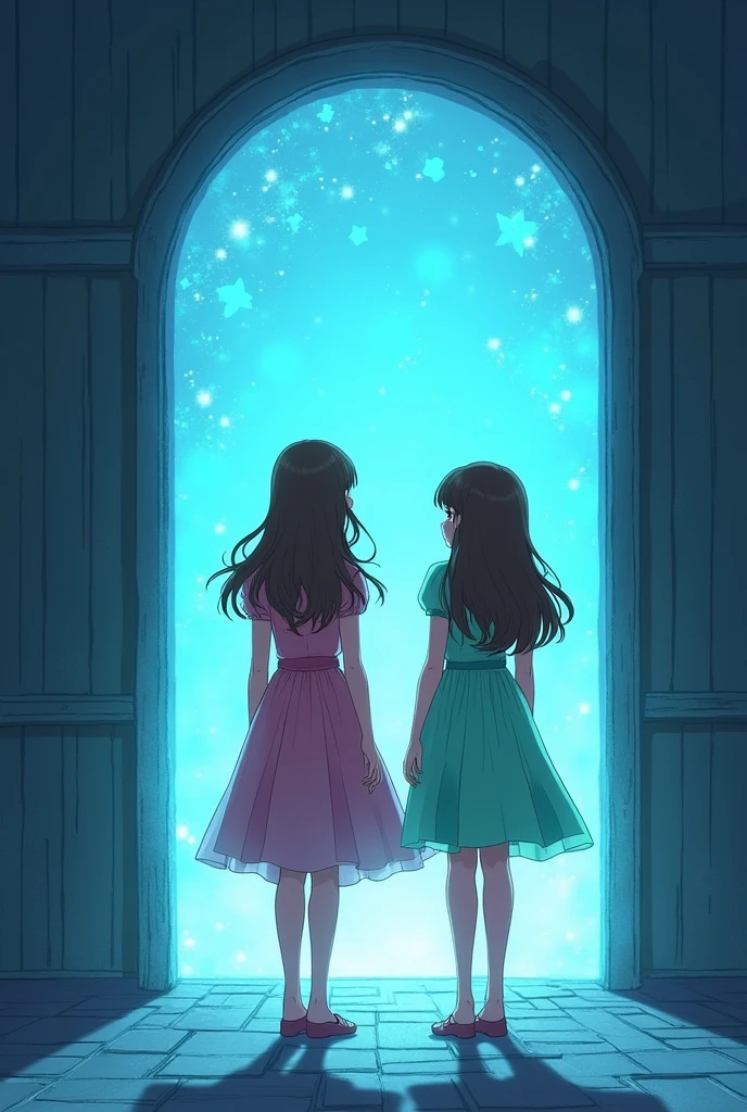 I want my image to show two sisters, one and the other , with their backs turned as if they were entering a light blue portal-type door. The 15-year-old sister has long wavy hair down to her elbows and is wearing a water-green dress that reaches below her knees, and the 13-year-old sister has long, straight hair down to her elbows and with bangs she has a pink dress that reaches below her knees. Both have dark brown hair and the sister is smaller than the 1., I would like my image to look like it is for the cover of a story called The Secret Door but the title is in English.