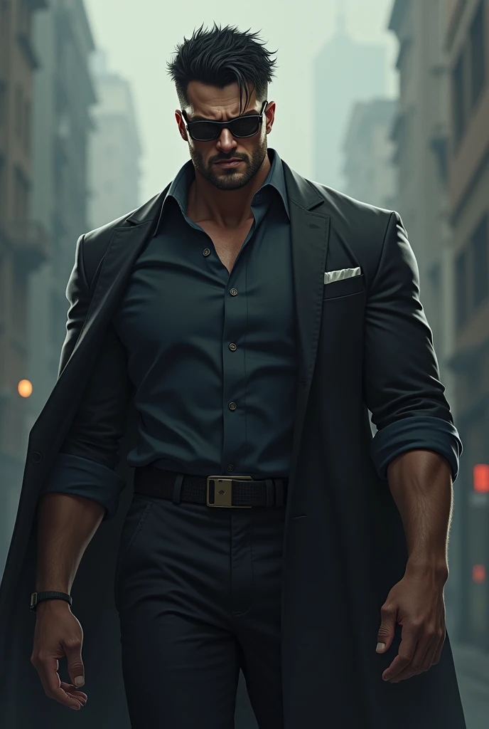 A tall man with muscle
Black eyes and black hair with glasses