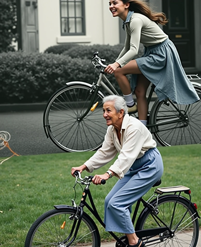 Create a split image with two sections:
Upper Section (Black and White): A black and white photograph of a young girl joyfully riding a vintage bicycle. She has a playful expression and is dressed in classic 1950s attire. The image should have a slightly grainy, aged look with visible film texture and sepia-toned edges to give it the feel of an old photograph. The background should feature a nostalgic, mid-20th-century street.
Lower Section (Color): A vibrant, colorful photograph of an elderly woman, now 7er, riding the same vintage bicycle. She should have a warm, reflective expression, showcasing the passage of time. The scene is set in a modern yet nostalgic setting, with contemporary touches. The elderly woman is dressed in stylish, comfortable clothing that reflects her age but still holds a sense of grace and elegance.
Keywords for Realism and Eye-Catching Appeal:
Black and White Section: Vintage, nostalgic, aged photograph look, grainy texture, sepia-toned edges, classic attire, mid-century street, joyful expression.
Color Section: Vibrant colors, elderly woman, vintage bicycle, reflective expression, stylish clothing, modern yet nostalgic setting, warm ambiance, detailed texture.