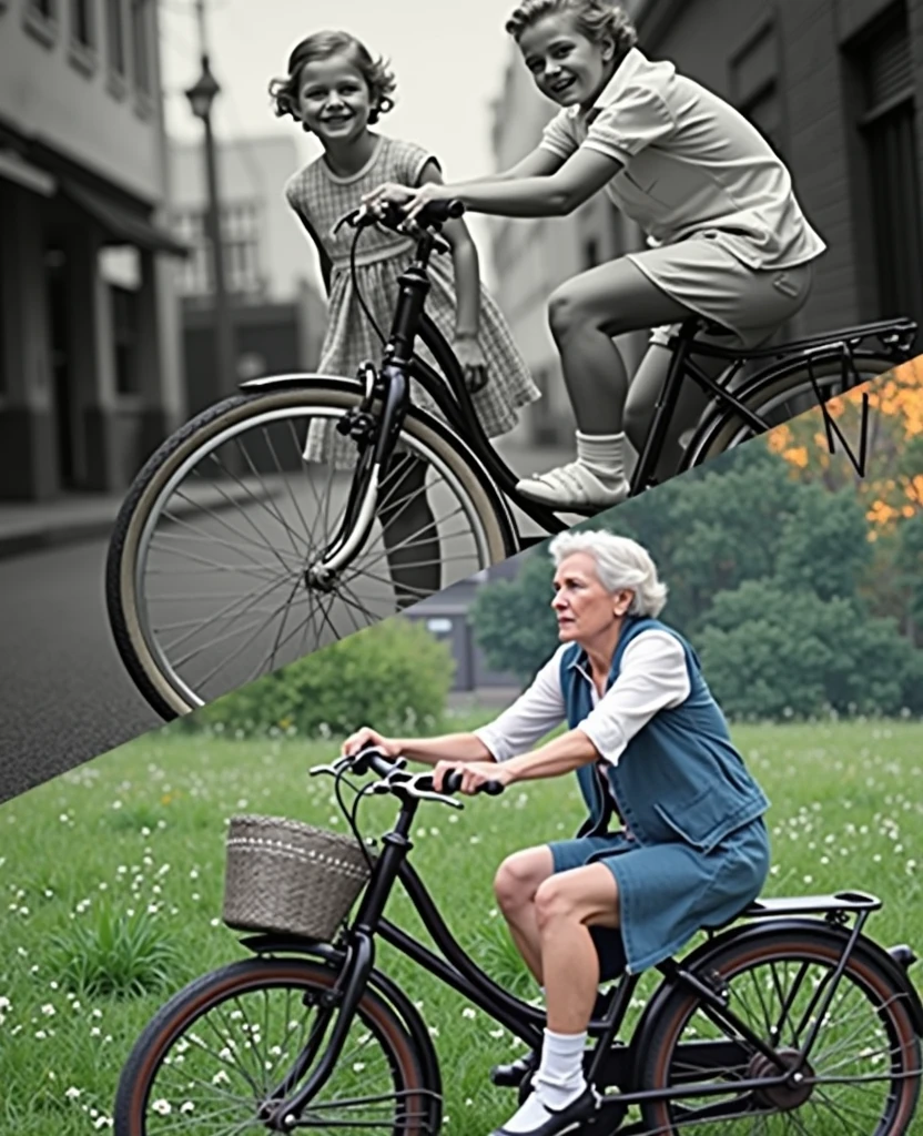 Create a split image with two sections:

Upper Section (Black and White): A black and white photograph of a young girl joyfully riding a vintage bicycle. She has a playful expression and is dressed in classic 1950s attire. The image should have a slightly grainy, aged look with visible film texture and sepia-toned edges to give it the feel of an old photograph. The background should feature a nostalgic, mid-20th-century street.

Lower Section (Color): A vibrant, colorful photograph of an elderly woman, now 7er, riding the same vintage bicycle. She should have a warm, reflective expression, showcasing the passage of time. The scene is set in a modern yet nostalgic setting, with contemporary touches. The elderly woman is dressed in stylish, comfortable clothing that reflects her age but still holds a sense of grace and elegance.

Keywords for Realism and Eye-Catching Appeal:

Black and White Section: Vintage, nostalgic, aged photograph look, grainy texture, sepia-toned edges, classic attire, mid-century street, joyful expression.
Color Section: Vibrant colors, elderly woman, vintage bicycle, reflective expression, stylish clothing, modern yet nostalgic setting, warm ambiance, detailed texture.