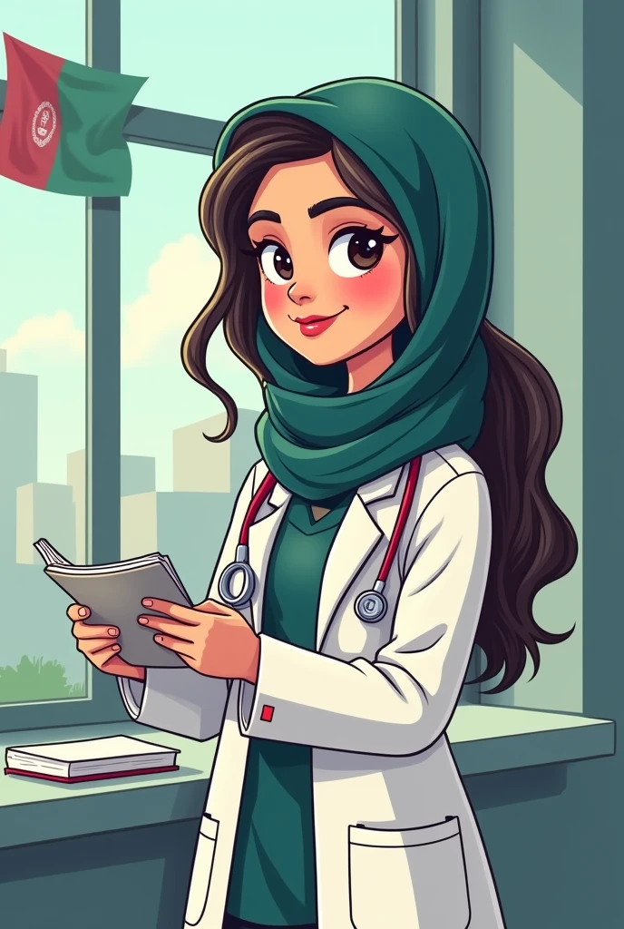 Create a cartoon of Dr muslim gril with long hair and hijab and age 26 with Afghanistan flag background in hospital and write Dr Zaro lebal in her cout and she is during the note checking next to the windows and write Dr zaro in her cout