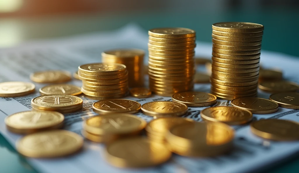 percentages and numbers on coins laying in an office