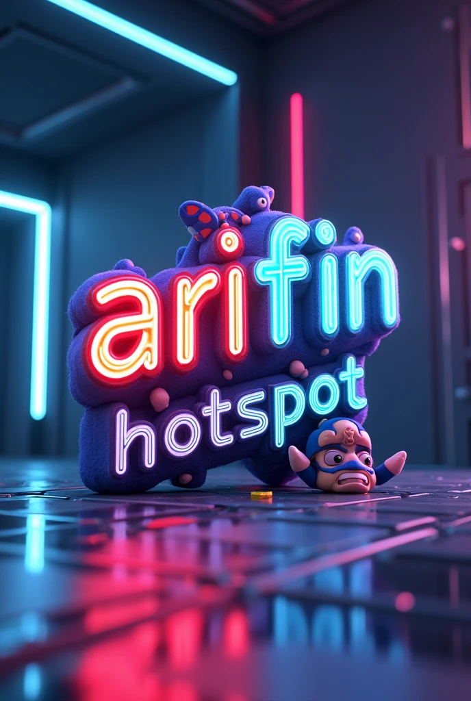 The 3D text logo says “ARIFIN HOTSPOT” at the bottom with a gaming-themed internet mascot.