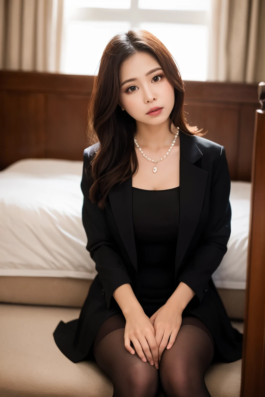 ((Realistic lighting, Highest quality, 8k, masterpiece:1.3)), Beautiful widow in an elegant black dress, Cute Beautiful Mature Woman、Wearing a black jacket、 (Wearing ultra-realistic pantyhose)、Elegant pearl necklace、Ephemeral expression、Funeral、、sad、Ephemeral、My heart sinks、With tears、