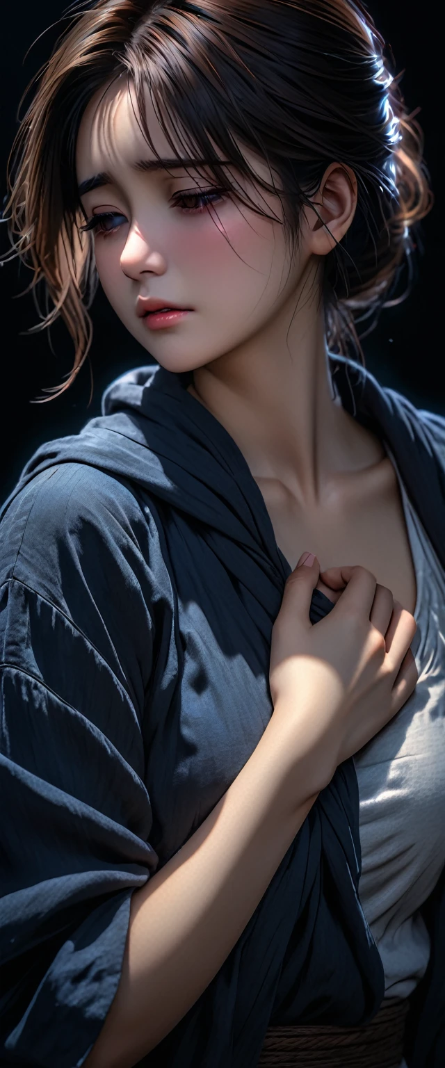 Masterpiece, HDR, 8K, a girl about 2, beautiful, dark background, looking forward, his hand was on the left side of his chest, as if he felt pain in his heart, aesthetic dark image.