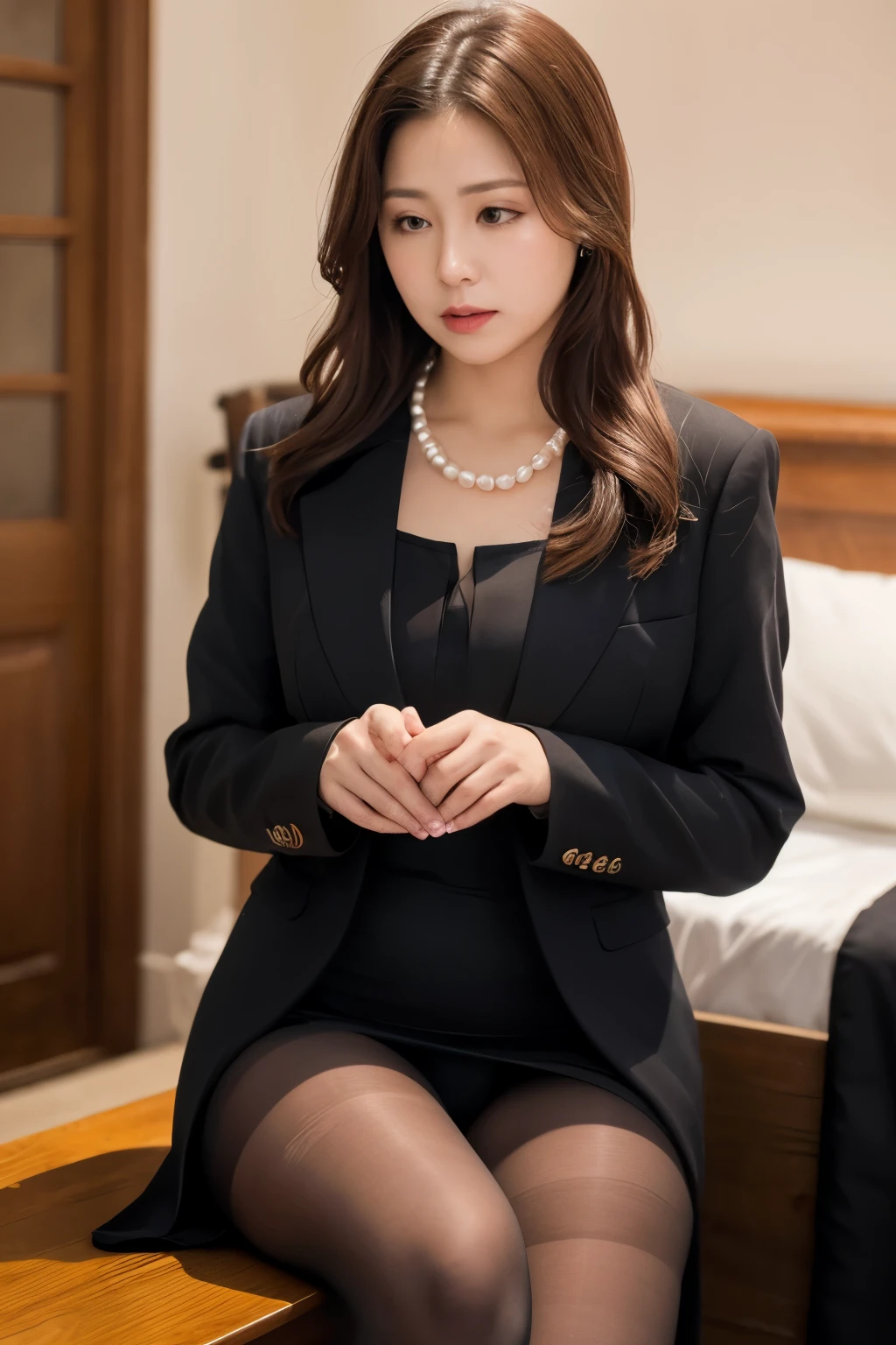 ((Realistic lighting, Highest quality, 8k, masterpiece:1.3)), Beautiful widow in an elegant black dress, Cute Beautiful Mature Woman、Wearing a black jacket、 (Wearing ultra-realistic pantyhose)、Elegant pearl necklace、Ephemeral expression、Funeral、、sad、Ephemeral、My heart sinks、With tears、