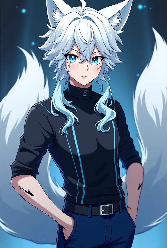 He is a boy, that looks like an alpha fox hybrid ,has a dominant and attractive appearance. He has the body of an ectomorph.His expression is cold and serious.. Her hair is white and has few curls. , She has light blue strands in her hair , Her eyes are a pastel blue color. The clothing is a black shirt with light blue , his navy blue pants. He has a calm look. That it has a theme of the anime my Hero academy. It has two furry fox tails on the back and also has light blue locks..He has black cat-like markings on his face.. Half of his legs and arms from the elbow down are wolf fur.. It has a medium size.