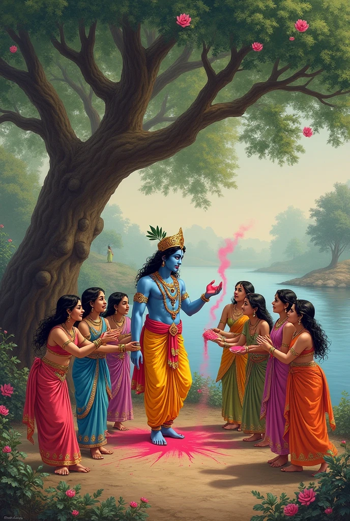 Lord krishna ek bade se bargad ke ped ke neeche Holi khel rahe jaha gopiyan krishna ko gola banakar ghere hai aur Radha nadi kinare udasbhav se ye sab dhekh rahi hai