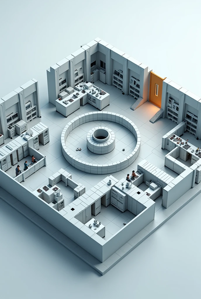 Create a 3d forensic laboratory model with below compartments quality control room, conference room, Documentation area, secure evidence room, reception area, exit doors, secured doors, microscopy room, chemical analysis room, biological analysis room, ballistics lab, washrooms, resting room and in the middle out the forensic lab unit in circular form for a project
