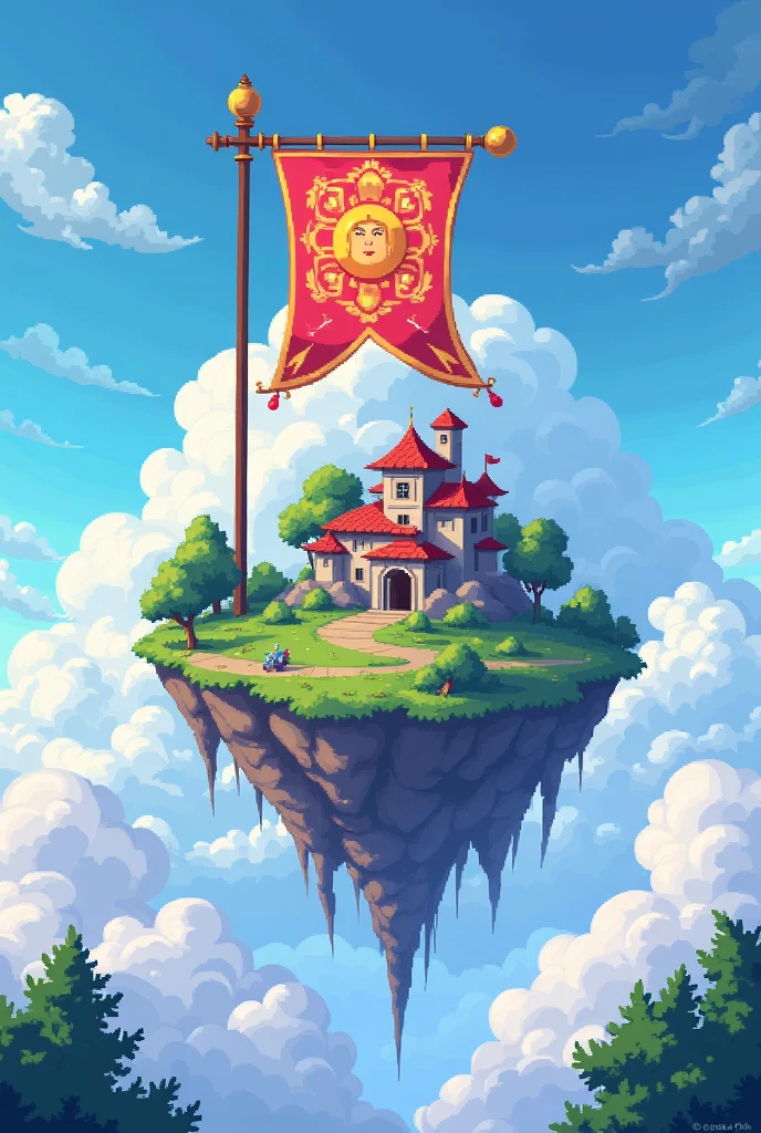 Pixel art magical flying island with a SkYLanD banner (make the image square)