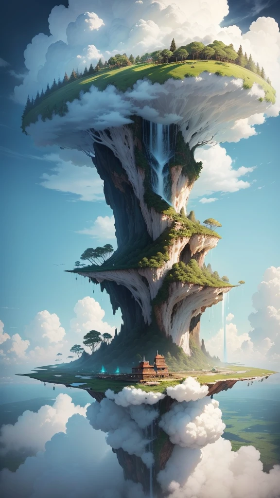 A floating island in the sky, where trees grow upside down and waterfalls flow upward. The island is surrounded by clouds that resemble fluffy cotton candy.