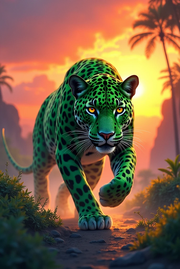Nice green leopard in sunset