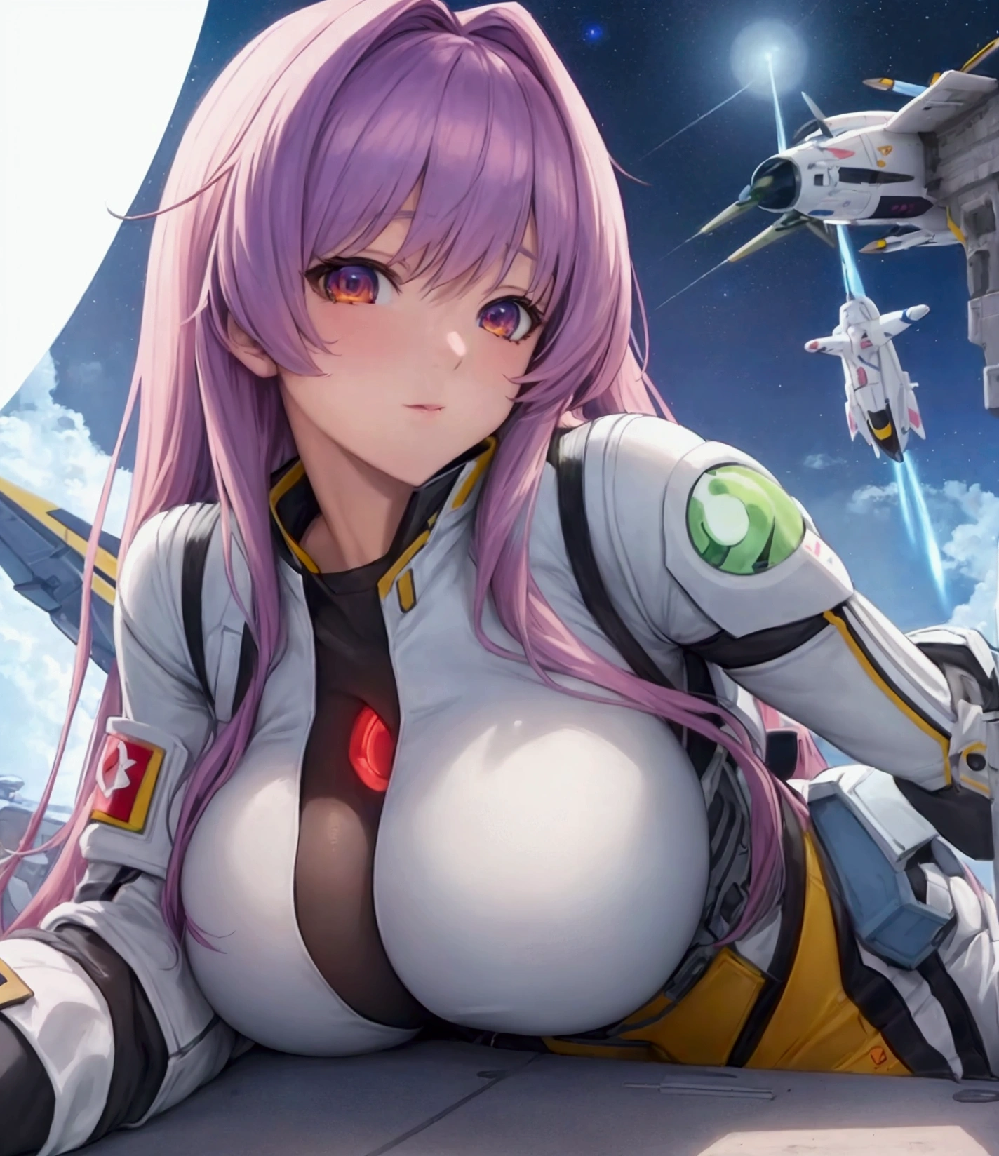 very big tits ((masterpiece, The best quality)), illustration, ((8K ultra detailed)), realist, clear focus, Very detailed, Professional lighting, Colorful details, a close up of a woman sitting in a cockpit of a plane, gainax anime style, ferra white mecha, portrait anime space cadet girl, style of macross, on a gundam, modern sci-fi anime, anime girl of the future, sci-fi anime, sci - fi pilot, sil from species, sci fi anime, gainax