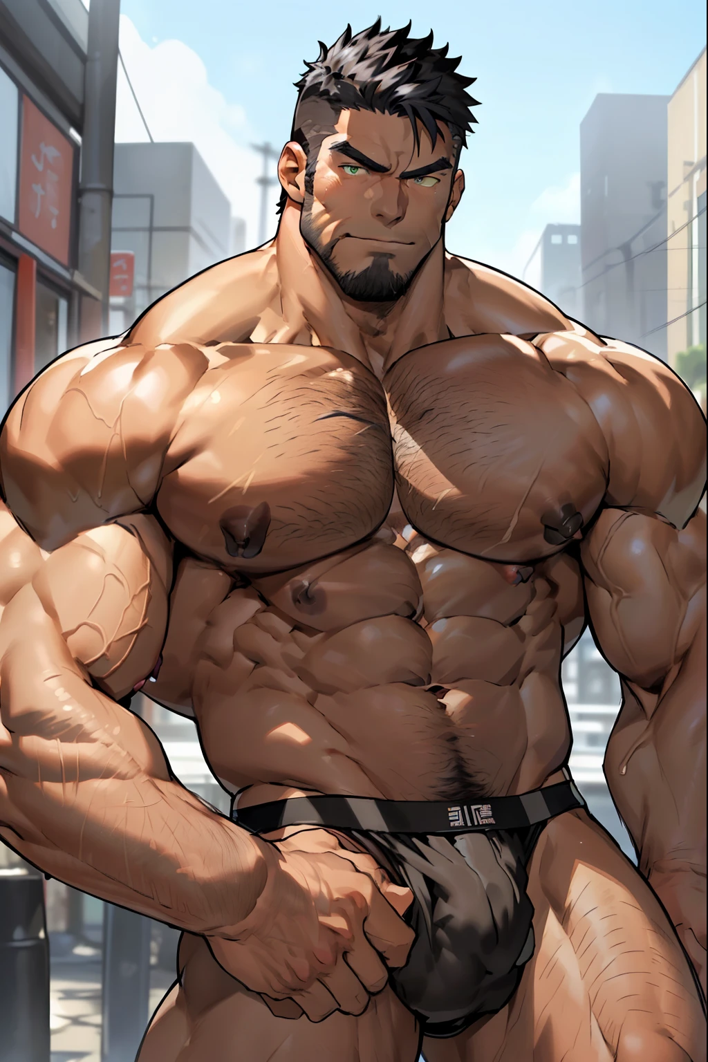 best quality, masterpiece, Extremely detailed, 1 person, Solitary, Mature雄性, Adult male, muscular, only, Macho, Strong, Large target, Studs, Black Hair, black beard, Thick beard, Green Eyes, Bright Eyes,, ((Show your pectoral muscles:1.5)), (Military Western), Looking at the audience, City background, City background,(Thick body hair),(他露出muscular, Hairy legs),(Very prominent crotch),(Very large)Broad shoulders,Muscles protrude a lot,Crotch bulge,(Long legs),Highest image quality,Japanese cartoons ,Anime Wallpaper,Chest muscle expansion,Spread your legs,Sexy,(main part, best quality),((Exaggerated muscle bulge)),Very prominent reproductive organs),(Briefs thongs:1.6),(Crotch bulge呈现条状物:1.4),Tear off clothes ,(The upper body is completely bare:1.5),Full chest muscles,Sagging breasts,Huge nipples,Muscular thighs,Legs close-up(barefoot),(barefoot),Mature,(Long legss covered with long, Thick leg hair),Bigfoot,(whole body),(Long legs hair)muscular!, Giant muscles, muscular bodies, muscular character(Black nipples:1.8)Full chest muscles,Sagging breasts,Huge nipples,Muscular thighs,Legs close-up