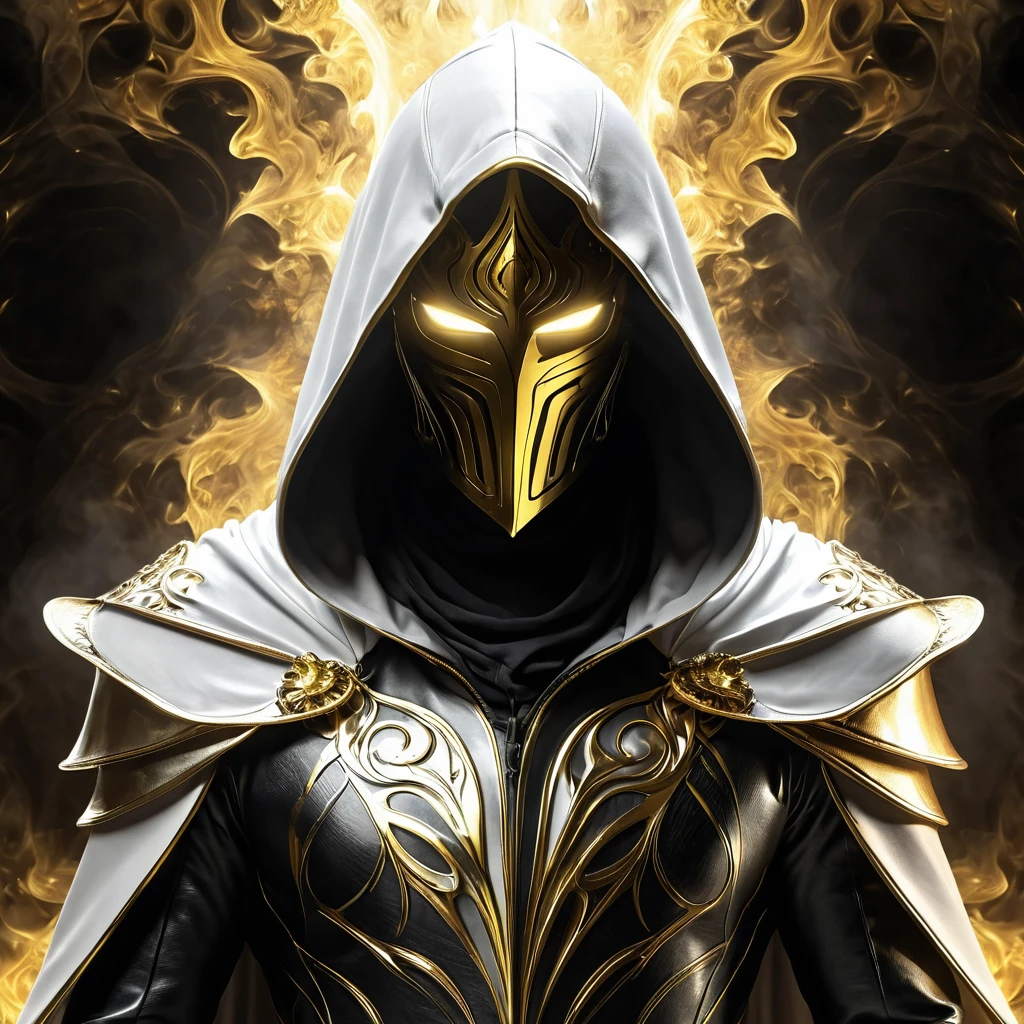 Dark fantasy, shadow knights, (( white and gold plug suit, black smoke in plug suit)), (burning eyes:1), (white, gold hooded cloak of leather material),(fractal art:1.2), cave background, transparency, caustics, optics, surreal, magic,
masterpiece, perfect anatomy, 32k UHD resolution, best quality, highres, realistic photo, professional photography,cinematic angle, reflection lights, closed up, 