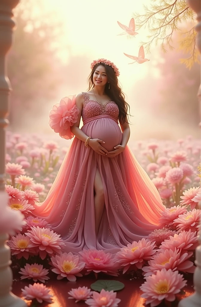 pregnant woman in pink dress standing in a field of flowers, a picture by Arthur Pan, pixabay contest winner, fantasy art, maternal photography 4 k, dressed in a pink dress, wearing pink floral gown, lady with glowing flowers dress, full body portrait shot, in pink forest, pregnant belly, very magical and dreamy, pregnancy, full body picture, soft elegant gown