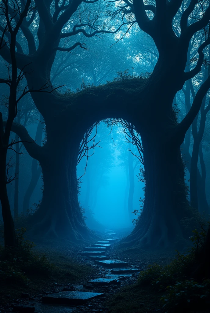 A very dark forest,no light enters, It has very tall trees where a black and mystical portal is generated with the branches of some trees.,This portal is very subtle, not very striking, The light that permeates the environment is blue