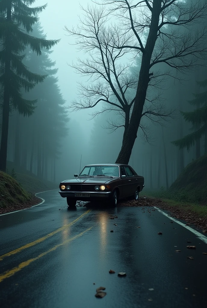Create an accident scene of a car crashing into a tree, with ???? marks on the road, in the middle of a forest, a road with dense fog and rainy weather. Make this car with the front destroyed by the accident
