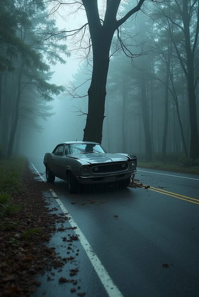 Create an accident scene of a car crashing into a tree, with skid marks on the road, in the middle of a forest, a road with dense fog and rainy weather. Make this car with the front destroyed by the accident