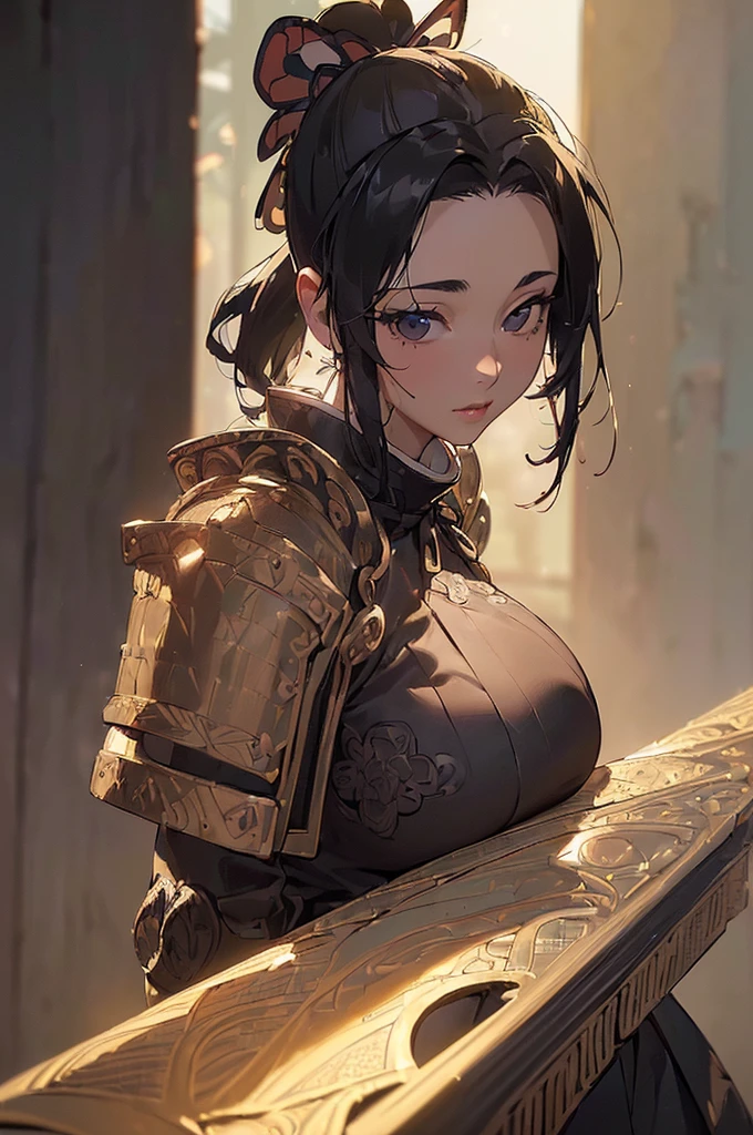 ((((High resolution, Intricate details, masterpiece, 8k, from front)))), (((beautiful, samurai, armor))), ((In the town, One Woman, Big Breasts, Large Breasts, Huge Saggy Tits)), (Black Hair, Beautiful forehead, Long Hair, ponytail, Big ribbon, Glowing Skin), from front, looking at viewer, look at viewer, pub, bright,