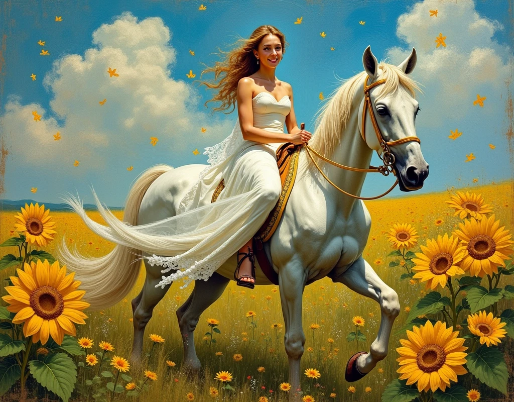 painting of a woman riding a horse with a sunflower in the background, a detailed painting inspired by Vincent van Gogh, DeviantArt contest winner, fantasy art, amazing fantasy art, beautiful fantasy painting, smiling as a queen of fairies, breathtaking fantasy art, beautiful fantasy art, graphic artist, queen of the fairies, detailed fantasy art, oil on canvas